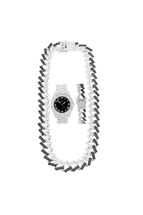 Ice on Blast! Bling'ed Out Hip Hop Rolly Looks w/Ice on Watch & Jewelry -Your Choice of Matching Zig Zag Bling'ed Out Necklace Set or Necklace & Bracelet Set - ZZ Sets (ST10327NB Silver/Black Panther)