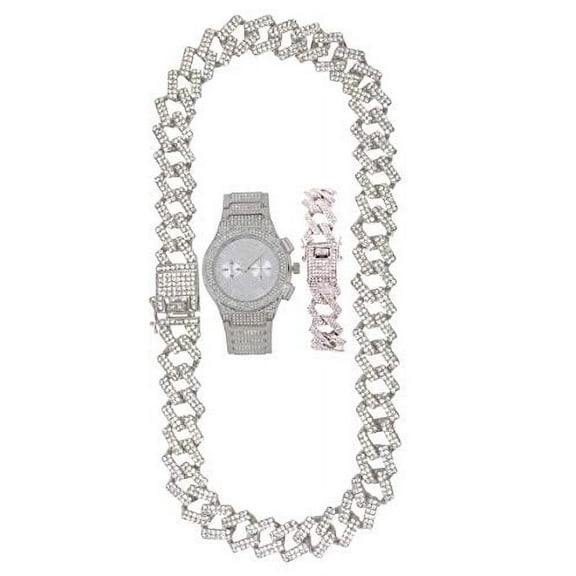 Ice on Blast! Bling'ed Out Hip Hop Rolly Looks w/Ice on Watch & Jewelry -Your Choice of Matching Zig Zag Bling'ed Out Necklace Set or Necklace & Bracelet Set - ZZ Sets (ST10311NB Silver Silver)