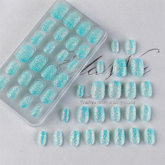 Ice-Blue with Adhesive Backing for Children Fake Nails,24 PCS False Nails Short,Full Cover Acrylic Stick on Nails with Glue, Nail Tips False Nails for Women & Girls