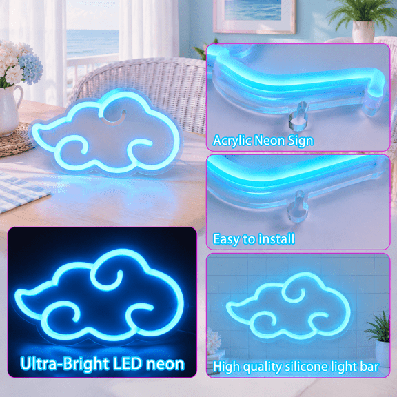 Ice Blue Cloud Neon Sign, 12x7in Dimmable LED Wall Light for Game Room Bedroom Decor