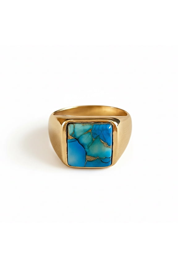 Ice Blue Dahlia Turquoise Ring, Handmade Pure Copper Ring, Square Cut Gemstone Ring, Turquoise Signet Ring