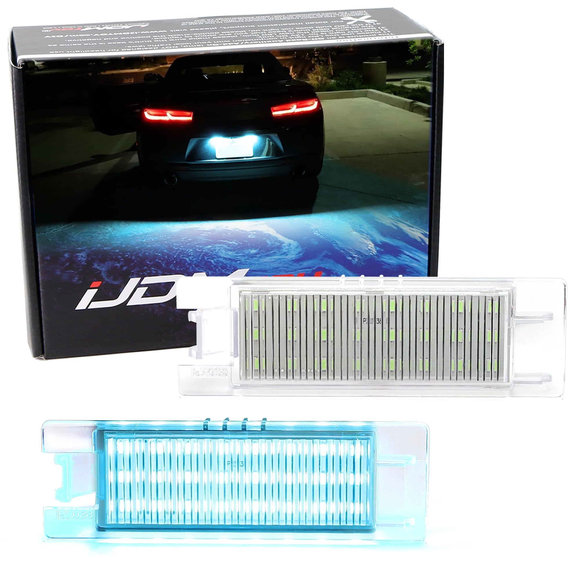 Ice Blue Full LED License Plate Light Kit For Chevrolet 2014-24 Camaro, 2013-15 Malibu, 2011-15 Volt, 2016-up Cruze, 18-SMD Aqua LED & Can-Bus Error Free
