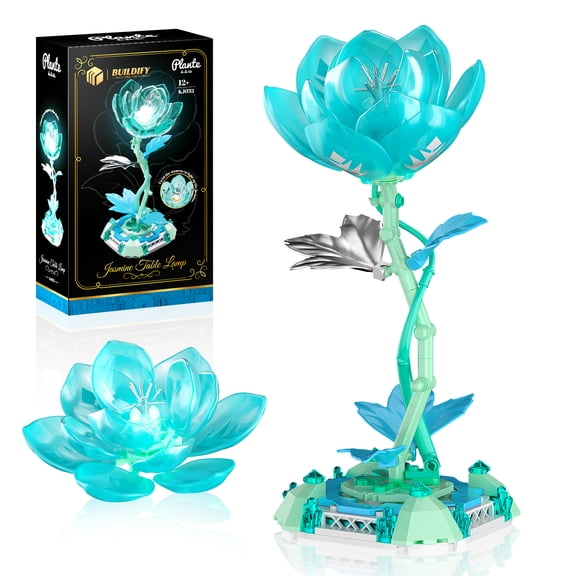 Ice Blue Jasmine Table Lamp Building Block Set, Fairytale LED Glow Decorative Flower, 3D Puzzle Assembly Toy for Girls Adults, Elegant Desk Room Decoration, Perfect Gift for Valentine's Day