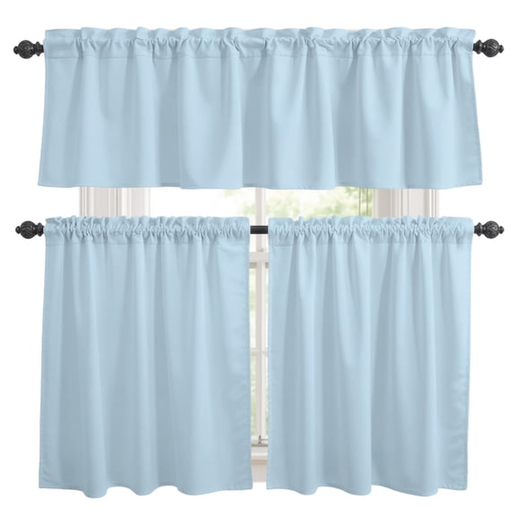 Ice Blue Kitchen Curtains Set for Windows, Light Blue Color Solid Background Rustic Farmhouse Curtains Valance and Tier 3 Piece Set Small Drapes 36 Inch Length for Kitchen Bedroom Decor