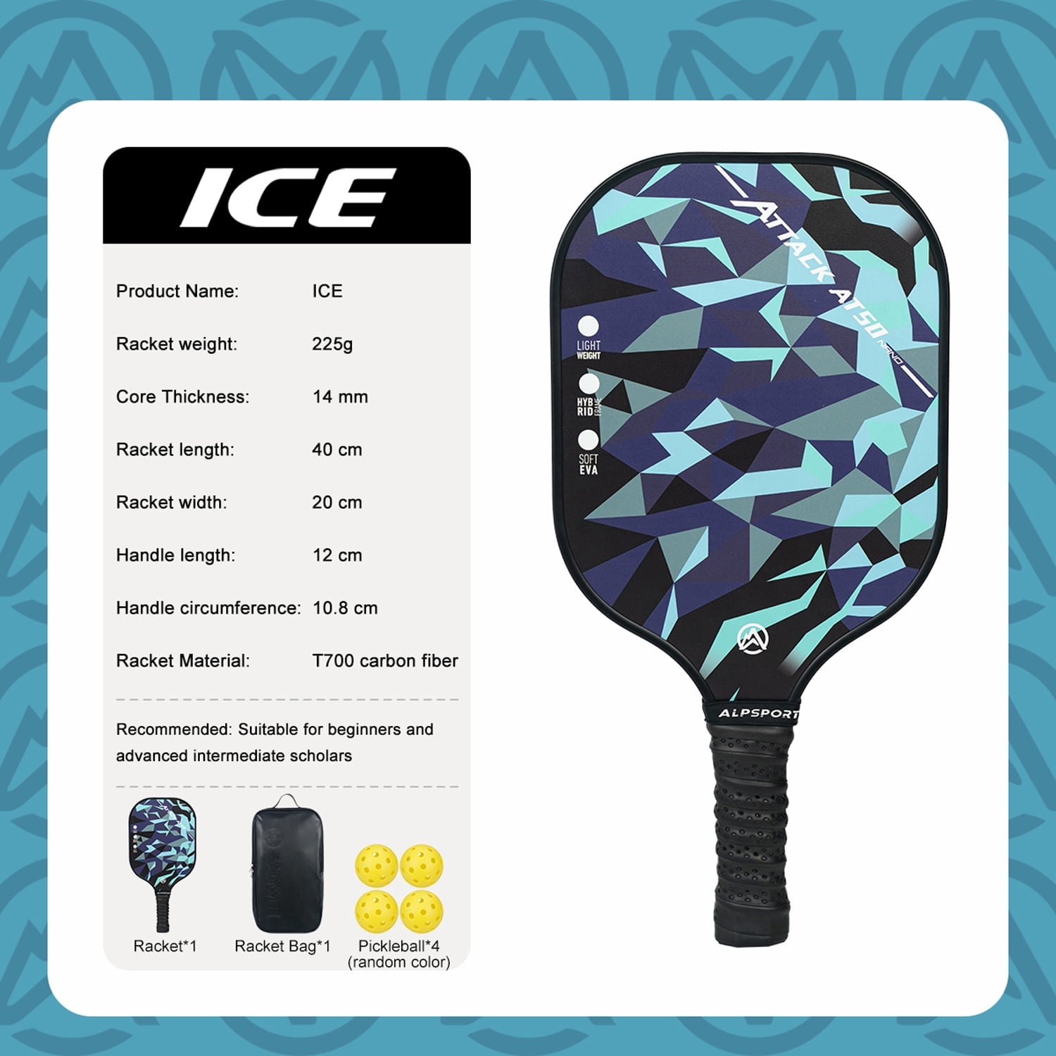 Ice Blue Pickleball Paddle, Carbon Fiber, Matte Finish, UV Printing and Honeycomb Polymer Core, Non-Slip Grip, Excellent Spin and Control, Suitable for Men and Women, Pickleball Beginners