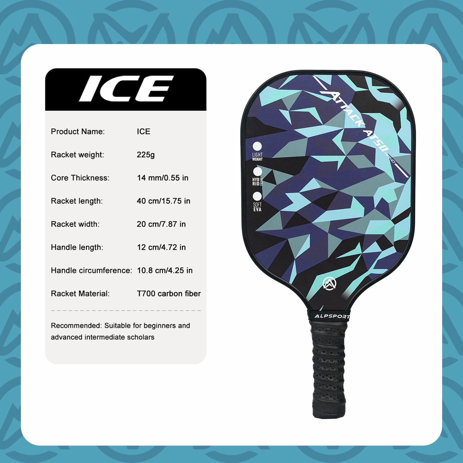Ice Blue Pickleball Paddle, Carbon Fiber, Matte Finish, UV Printing and Honeycomb Polymer Core, Non-Slip Grip, Excellent Spin and Control, Suitable for Men and Women, Pickleball Beginners