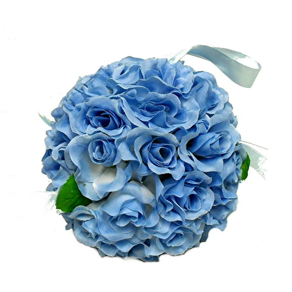 Ice Blue Rose 11in Artificial Polysilk Faux Fake Open Bloom Flower Kissing Ball for Craft Home Garden Outdoor Bouquet Arrangement Ceremony Wedding Arch Floral Wall Aisle Decor (Light Blue, One each)