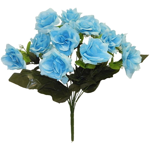Ice Blue Rose with Gypsophila 21in Artificial Polysilk Faux Fake Flower Bush for Craft Home Garden Outdoor Bouquet Arrangement Ceremony Wedding Arch Floral Wall Aisle Decor (Light Blue, Set of 3)
