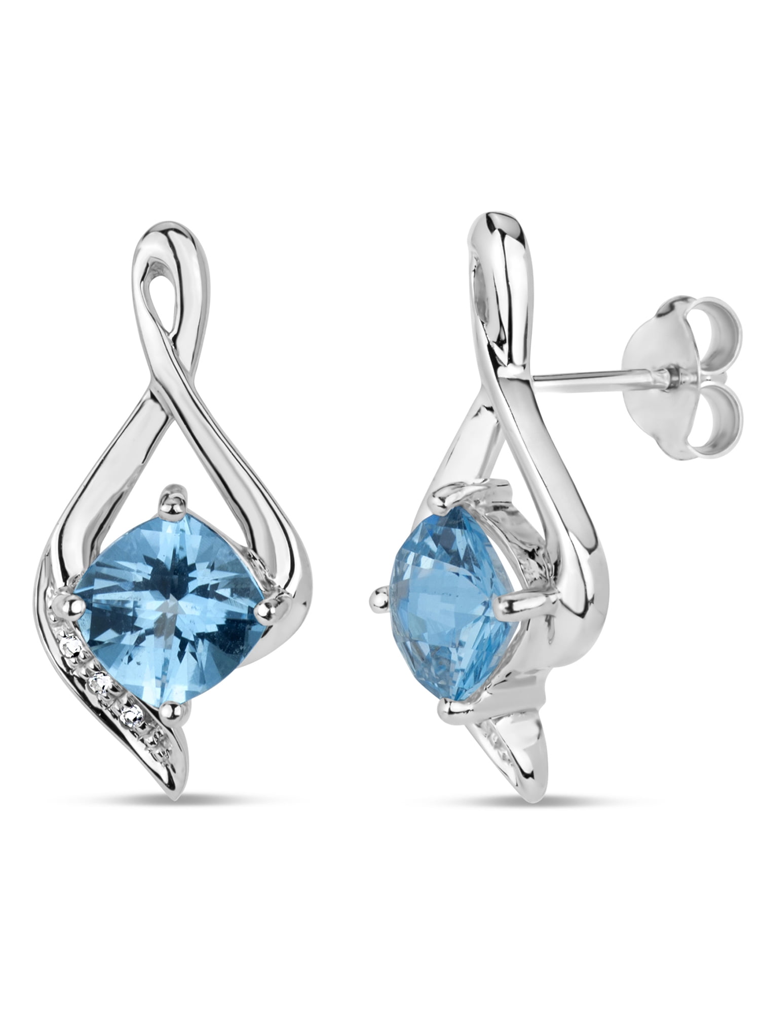 Ice Blue Topaz and Round White Topaz Swarovski Genuine Sterling Silver Rhodium Plated Swirl Stud Earrings
