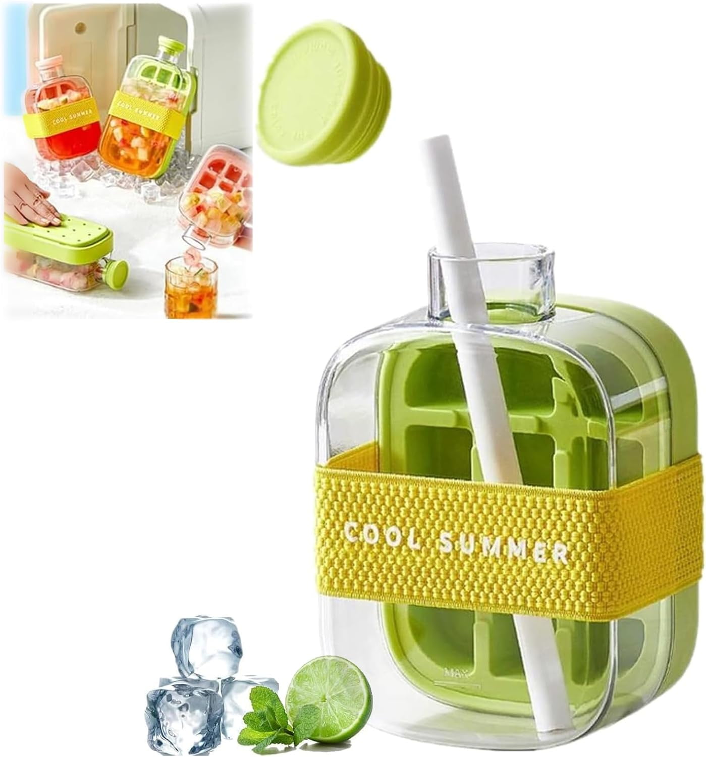 Ice Bottle Cup, 2 in 1 Zero Touch Press Ice Cube Mold Water Bottle with Lid and Bin, Ice Cube Bottle, Easy Press to Release Vertical Ice Cube Tray with Lid for Freezer (Green, 500ML)