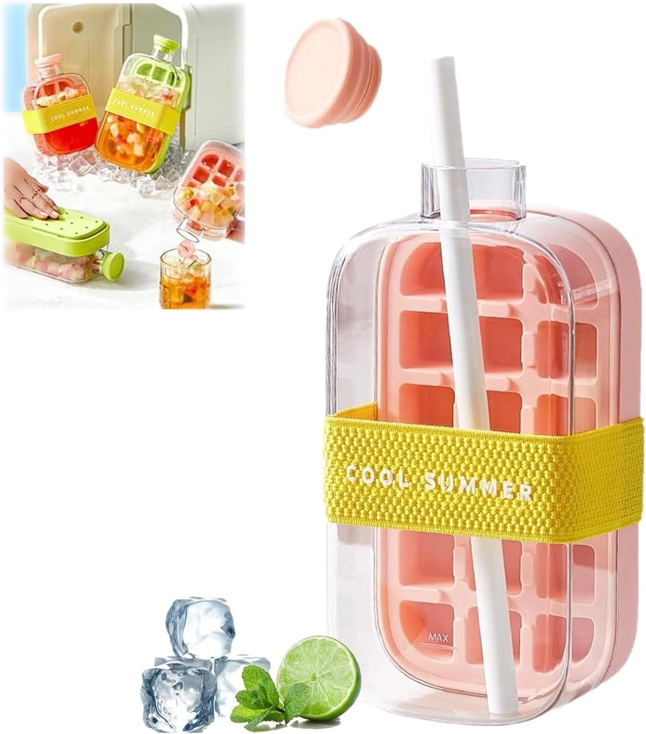 Ice Bottle Cup, 2 in 1 Zero Touch Press Ice Cube Mold Water Bottle with Lid and Bin, Ice Cube Bottle, Easy Press to Release Vertical Ice Cube Tray with Lid for Freezer (Pink, 500ML)