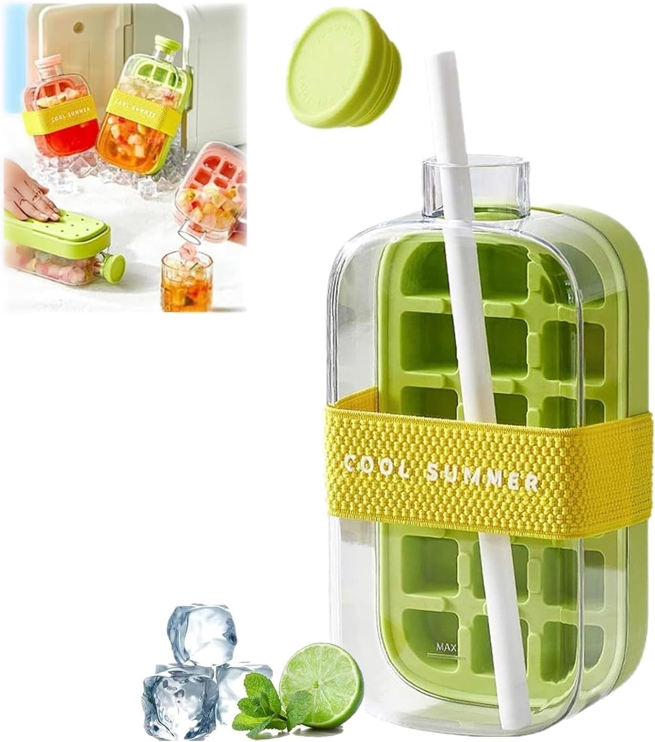 Ice Bottle Cup, 2 in 1 Zero Touch Press Ice Cube Mold Water Bottle with Lid and Bin, Ice Cube Bottle, Easy Press to Release Vertical Ice Cube Tray with Lid for Freezer (Pink, 500ML)