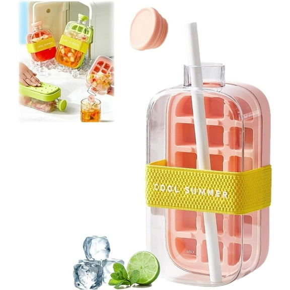 Ice Bottle Cup, 2 in 1 Zero Touch Press Ice Cube Mold Water Bottle with Lid and Bin, Ice Cube Bottle, Easy Press to Release Vertical Ice Cube Tray with Lid for Freezer (Pink, 800ML)