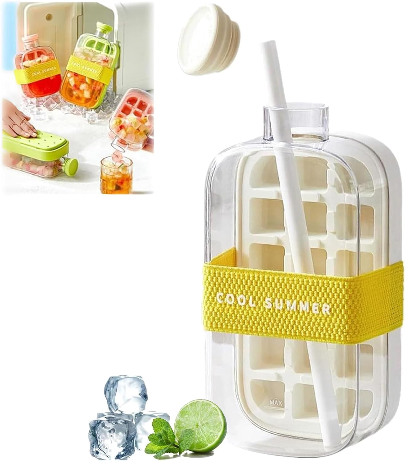 Ice Bottle Cup, 2 in 1 Zero Touch Press Ice Cube Mold Water Bottle with Lid and Bin, Ice Cube Bottle, Easy Press to Release Vertical Ice Cube Tray with Lid for Freezer (White, 800ML)