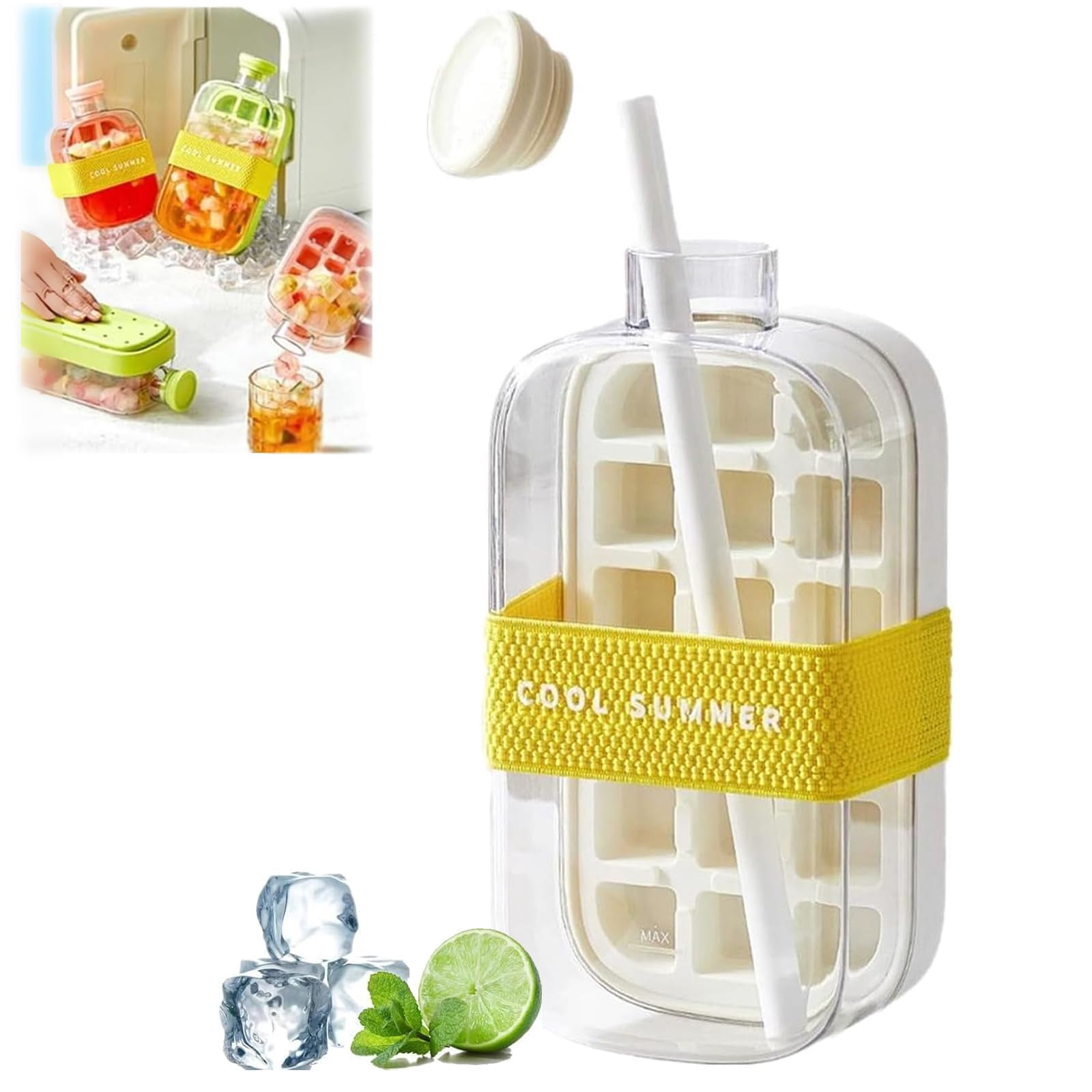 Ice Bottle Cup, 2 in 1 Zero Touch Press Ice Cube Mold Water Bottle with ...