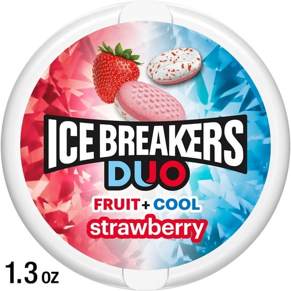 Ice Breakers Duo Fruit Plus Cool Strawberry Sugar Free Mints, Tin 1.3 oz (4 Pack)