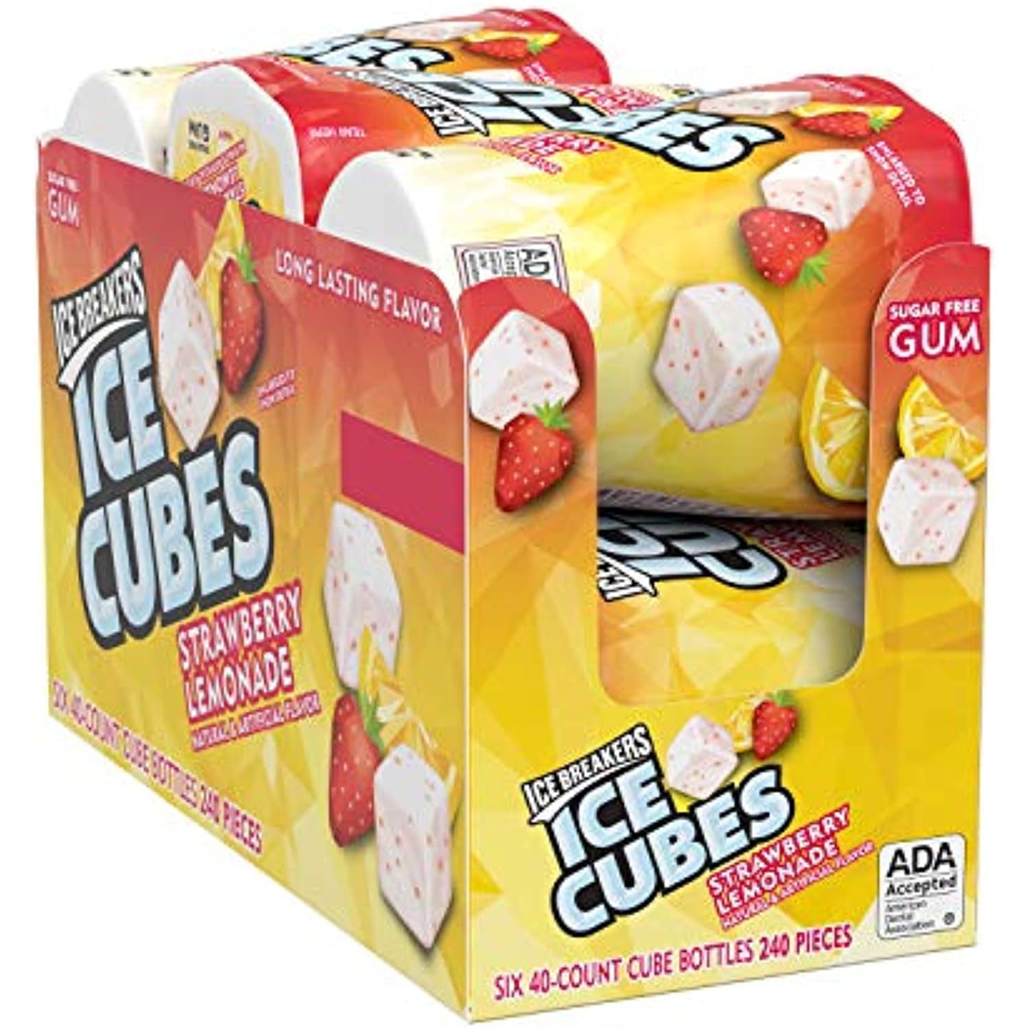 Ice Breakers Ice Cubes Strawberry Lemonade Flavored Sugar Free Chewing Gum, 40 Ct Bottle (6 Ct.)