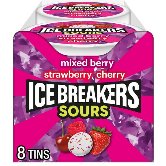 Ice Breakers Sours Assorted Fruit Flavored Sugar Free Mints, Tins 1.5 oz, 8 Count