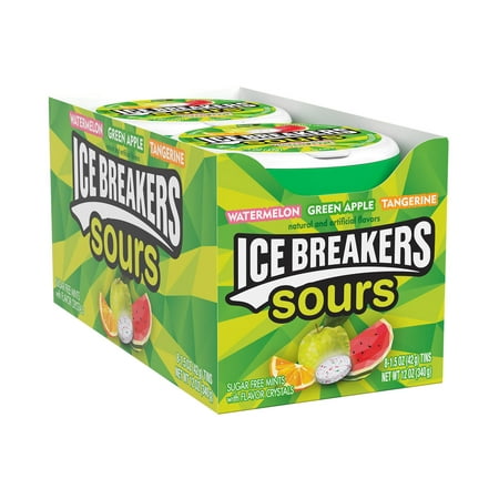 Ice Breakers Sours Assorted Fruit Flavored Sugar Free Mints, Tins 1.5 oz, 8 Count