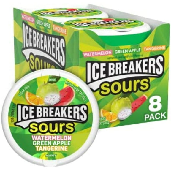 Ice Breakers Sours Green Apple, Tangerine And Watermelon Flavored Sugar Free Breath Mints, 1.5 Oz Tins (8 Count)