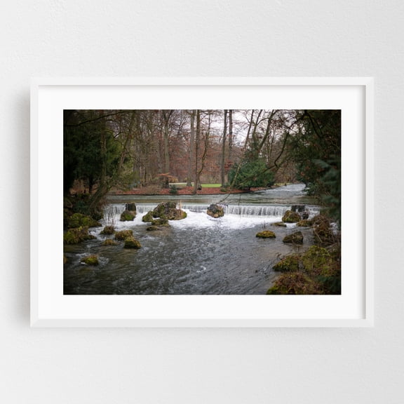Ice  Brook - Munich Bavaria Germany Photography Waterfall Nature Autumn Forest Landscape Scenic Woods White Framed Wall Art Print 24 x 36 inches