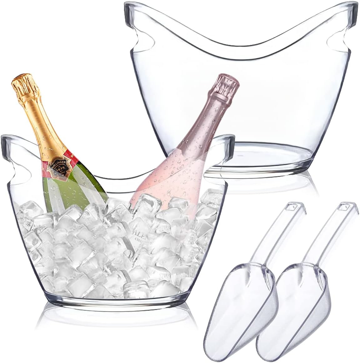 Ice Bucket 2 Pcs 4 Liter Beverage, Plastic Acrylic Ice Tub with Scoops, for Champagne or Beer Bottle