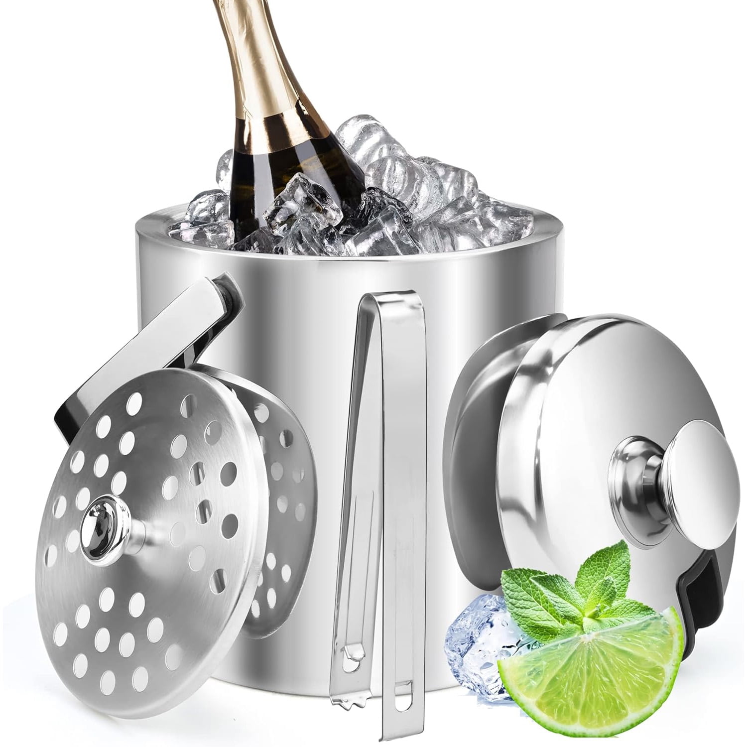 Ice Bucket, Double Wall Stainless Steel Insulated Ice Bucket with Lid ...