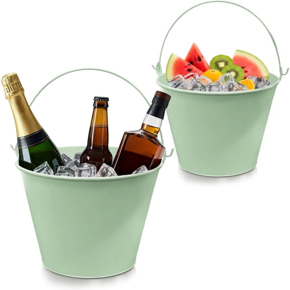 Ice Bucket for Parties Coctail Bar Restaurant - Drink Beer Champagne Pail Bucket with Handle, Beverage Chiller for Valentine`s Day, Galvanized Steel 1.3 Gallon, Green, Set of 2