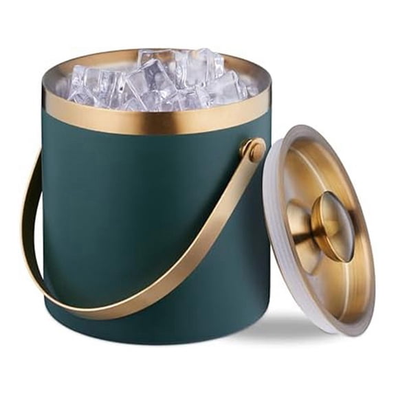 Ice Bucket, Stainless Steel, Double-Walled, Ice Bucket with Lid & Handle, 2 L, Bucket Green & Gold
