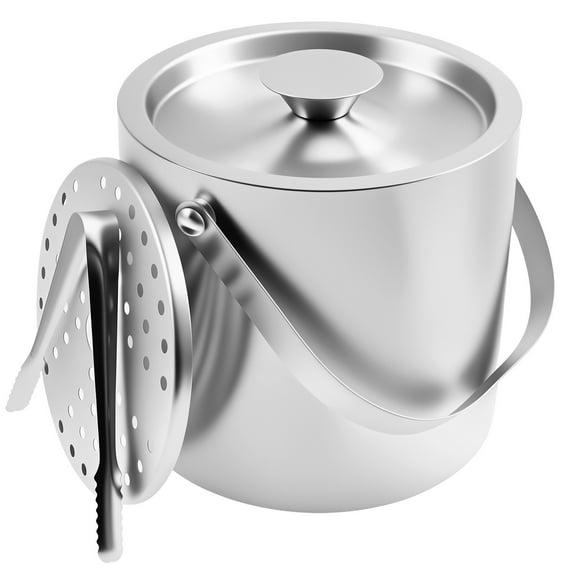 Ice Bucket with Handle 3L Double Wall Insulated Ice Container Bin Stainless Steel Icing Cube Container with Clip Strainer for Cocktail Bar Parties