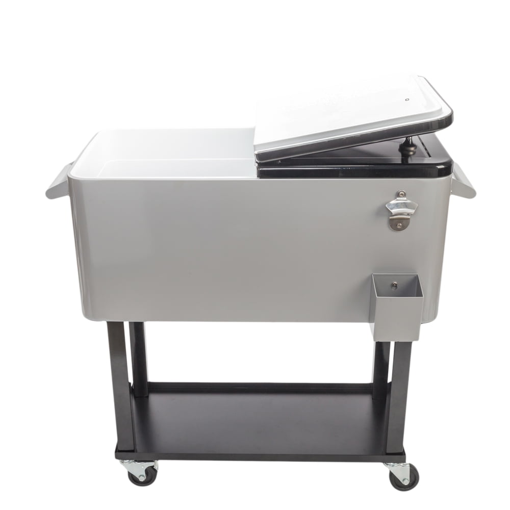 Ice Chest on Wheels with Shelf, 80 Quart Rolling Cart with Bottle Opener and Drain Plug, Portable Bar Drink Cooler, Outdoor Beverage Incubator for Patio Poolside Camping Party, Silver, D7211