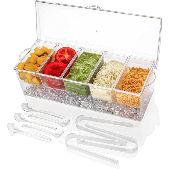 Ice Chilled 5 Compartment Condiment Server Caddy With Removable Dishes And Hinged Lid For Fruit Sauces