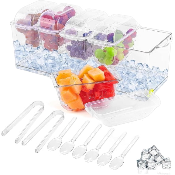 Ice Chilled Condiment Caddy with 52.5 Cup Containers, Condiment Server with Separate Lids Serving Tray Platter with Removable Dishes for Salad, Taco, Fruit, Party Garnish & Bar Accessories