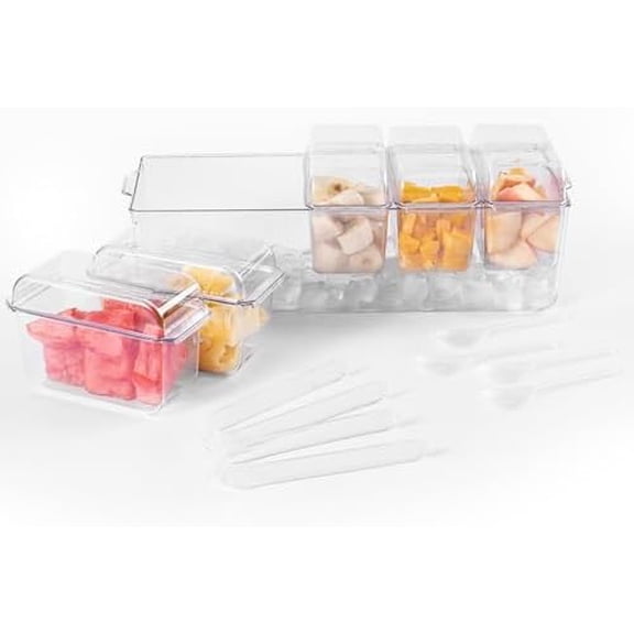 Ice Chilled Condiment Caddy with 5 Removable Containers (2.5 cup) each with Hinged Lid  Condiment Server with 5 spoons, 2 tongs for Fruit, Taco Party Garnish, Salad Bar$$Home Decor, Kitchen, & Other