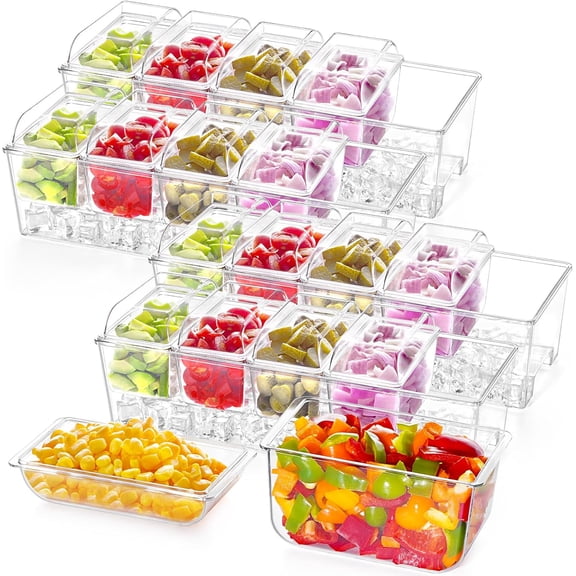 Ice Chilled Condiment Caddy with 5x 20oz(2.5 cup) Containers, 15.3" Condiment Server with Separate Lids, Serving Tray Platter with Removable Dishes for Bar, Fruit, Salad, Taco, Party Garnish