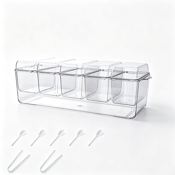 Ice Chilled Condiment Caddy, Chilled Condiment Containers Server with Lids for 5 Removable Compartments, Bar Garnish Holder on Ice, Bar Accessories Fruit and Salad with Removable Trays and Lids