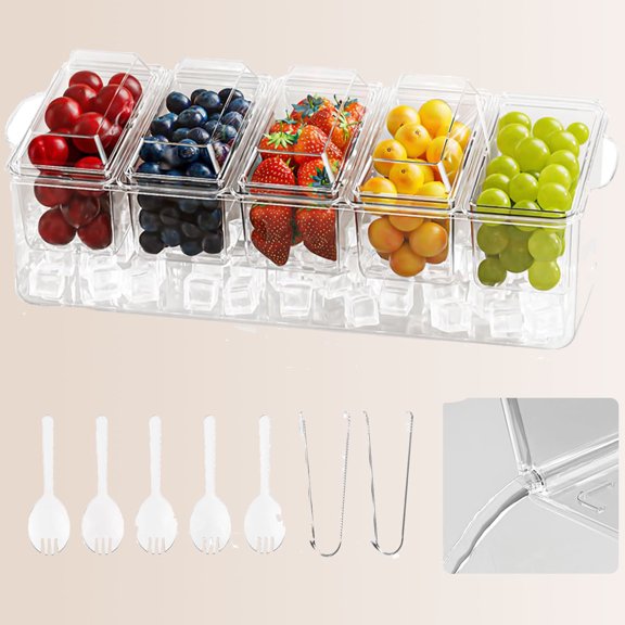 Ice Chilled Condiment Caddy, Condiment Tray Server with 5 Containers Lids, Fruit & Garnish Tray, Set of 5 Serving Spoons & 2 Tongs Included