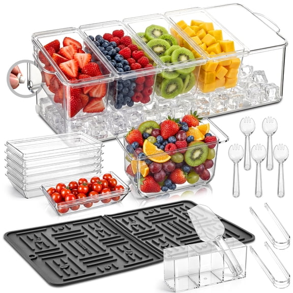 Ice Chilled Condiment Caddy with Drain Plug, 5 Containers with Lids, 85oz Ice Capacity, 11pcs Complete Garnish Tray Condiment Server Set with Drainer Mat Cutlery Holder for Taco Bar Party