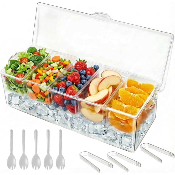 Ice Chilled Condiment Caddy with Lid - 5 Removable Compartments, Serving Containers for Fruit, Caddy, Snack, Sauce, Clear Garnish Tray for Parties and Restaurants