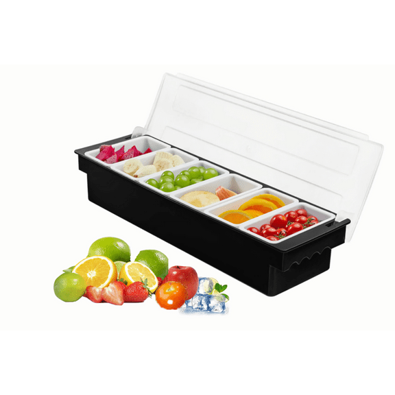Ice Chilled Condiment Caddy Serving Container with Lid,Fruit Veggie Condiment Caddy Removable Compartment Garnish Station Server Organizer for Ice Cream Taco Salad Bar Home Restaurant(6 Compartments)