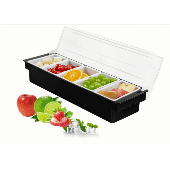 Ice Chilled Condiment Caddy Serving Container with Lid,Fruit Veggie Condiment Caddy Removable Compartment Garnish Station Server Organizer for Ice Cream Taco Salad Bar Home Restaurant(5 Compartments)