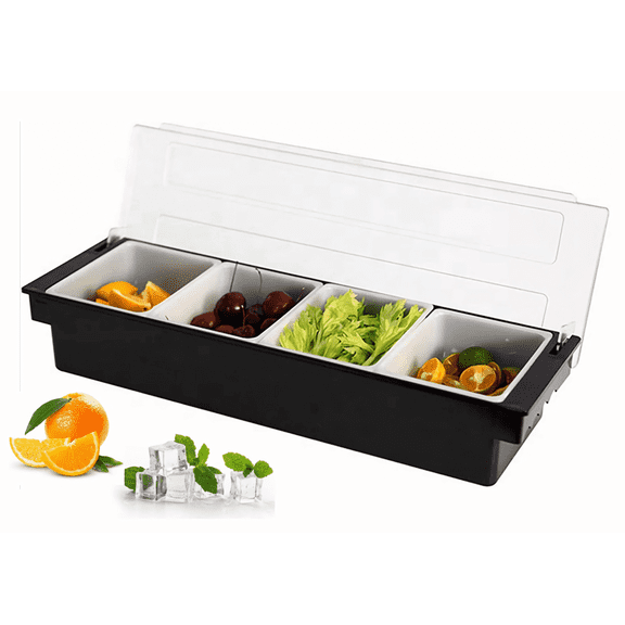 Ice Chilled Condiment Caddy Serving Container with Lid,Fruit Veggie Condiment Caddy Removable Compartment Garnish Station Server Organizer for Ice Cream Taco Salad Bar Home Restaurant(4 Compartment)