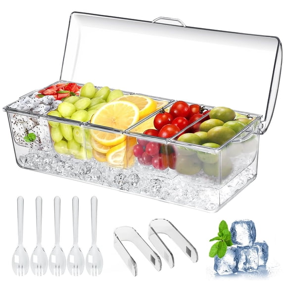 Ice Chilled Condiment Caddy, Serving Platter with Lid & 5 Removable Compartments, Stackable Chilled Buffet Serving Set for Backyard Party BBQ