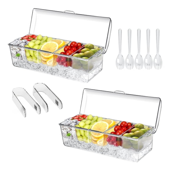 Ice Chilled Condiment Caddy, Serving Platter with Lid & 5 Removable Compartments, Stackable Chilled Buffet Serving Set for Backyard Party BBQ