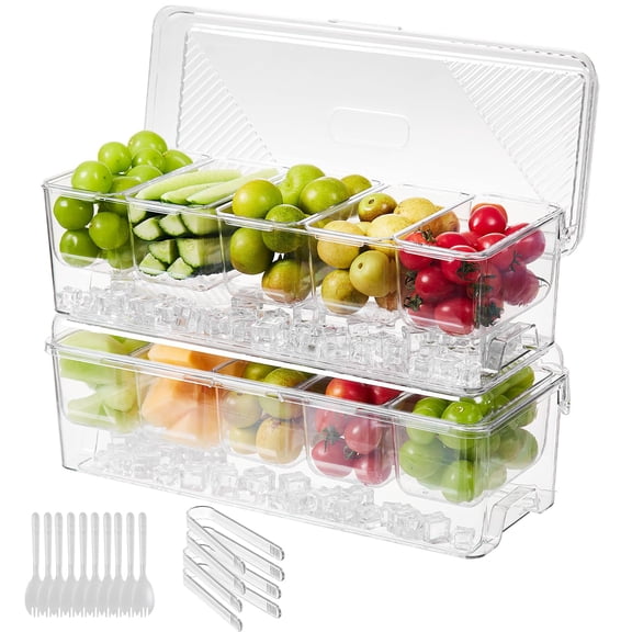 Ice Chilled Condiment Caddy,Stackable Chilled Condiment Containers,Serving Platters with Lid and 5 Removable Compartments,Set of 5 Serving Spoons & 2 Clips