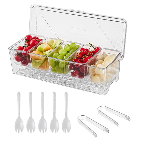 Ice Chilled Condiment Caddy,Stackable Chilled Condiment Containers,Serving Platters with Lid and 5 Removable Compartments,Set of 5 Serving Spoons & 2 Clips