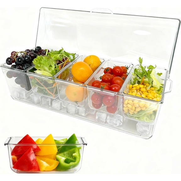 Ice Chilled Condiment Server, 5 Removable Compartments Condiment Containers with Lids Drain Plug, Clear Garnish Tray Serving Platter Holder for Caddy Fruit Snack Sauce Taco Salad Bar Supplies