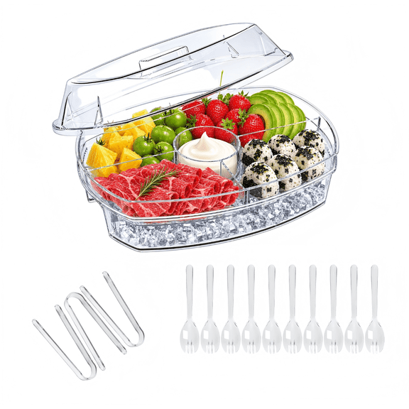 Ice Chilled Party Platter - 15'' Divided Serving Tray with Lid and 4 Compartments, Clear Fruit Trays for Serving for Party, Ideal Cold Chilled Serving Trays for Parties, Shrimp Cocktail, Etc