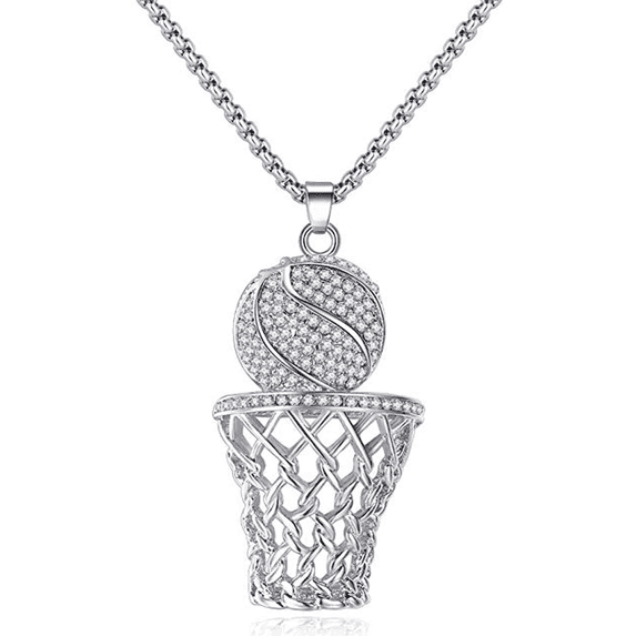 Ice City Basketball Chain Stainless Steel Basketball Necklace for Men - 24 Inches - Silver