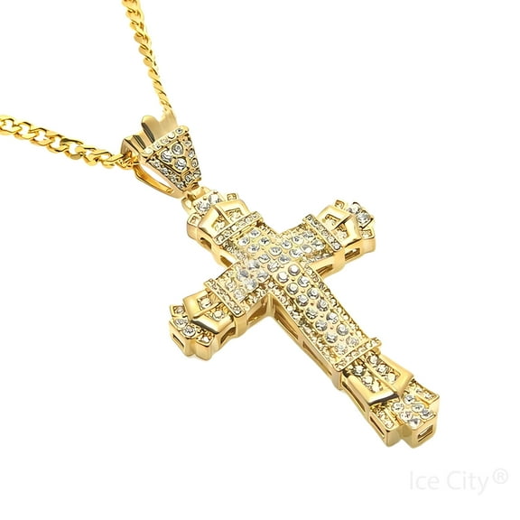Ice City Men's Iced Cross Pendant Necklace, Gold & Silver Plated - Gold